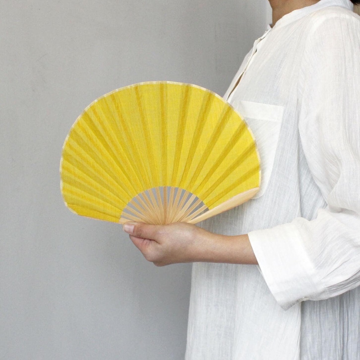 Japanese Shell Sensu Fan, Linen Ojiya Chijimi Mimosa, Bamboo Frame, Made in Japan — view 2