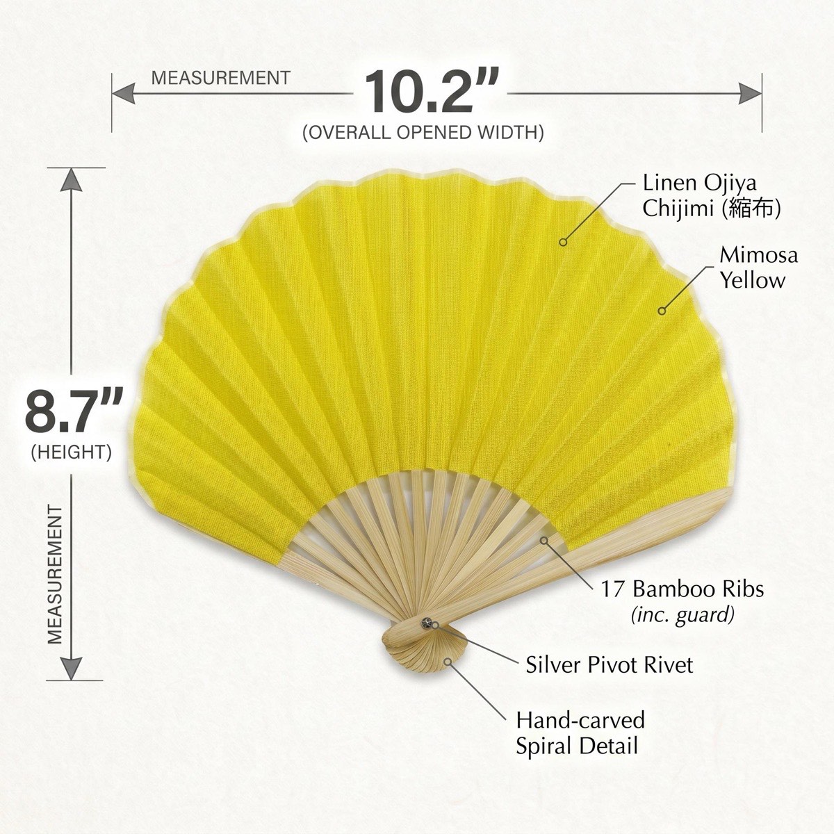 Japanese Shell Sensu Fan, Linen Ojiya Chijimi Mimosa, Bamboo Frame, Made in Japan — view 3