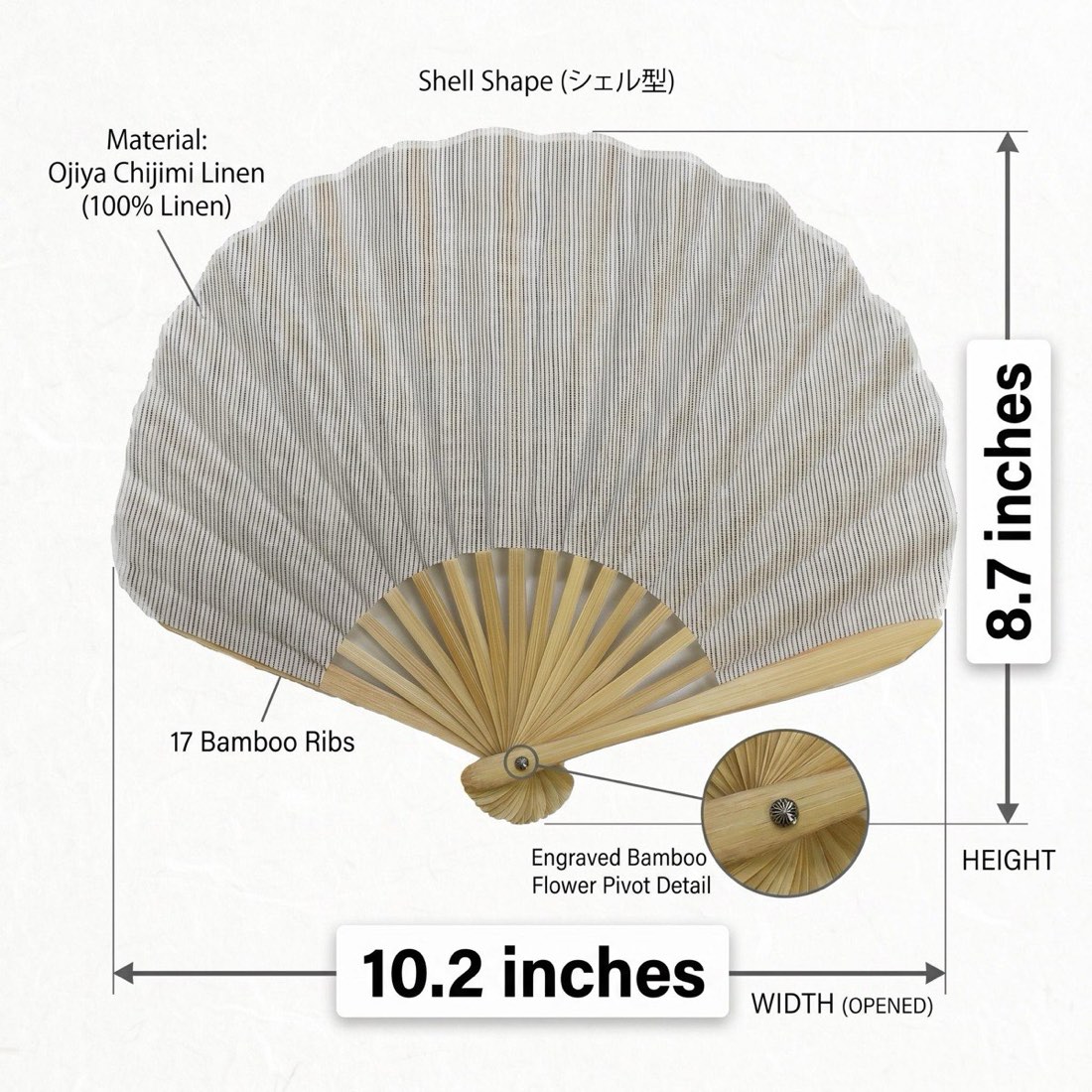 Japanese Shell Sensu Fan, Linen Ojiya Chijimi Natural Stripe, Bamboo Frame, Made in Japan — view 3