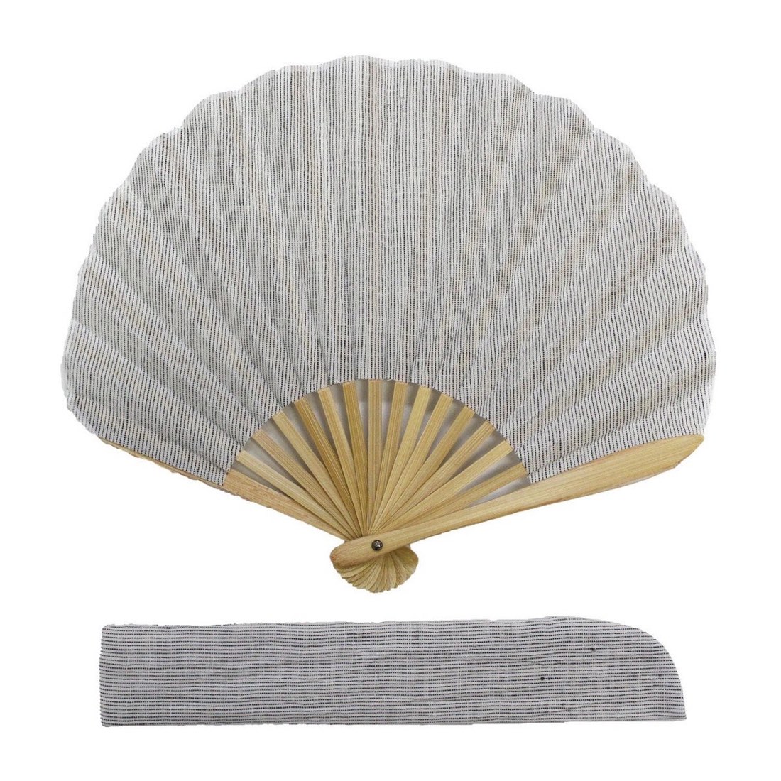 Japanese Shell Sensu Fan, Linen Ojiya Chijimi Natural Stripe, Bamboo Frame, Made in Japan — view 6