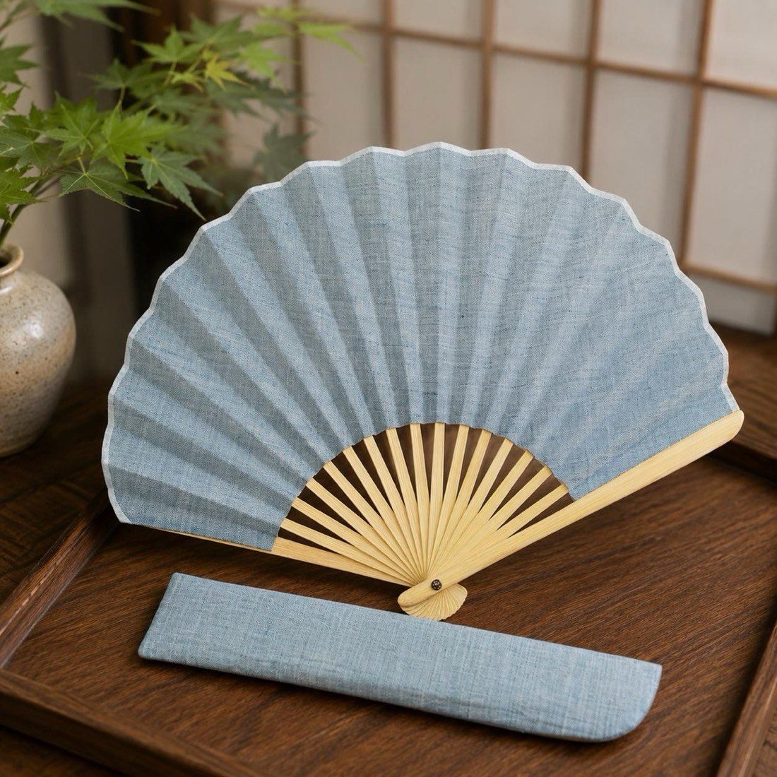 Japanese Shell Sensu Fan, Linen Ojiya Chijimi Pale Blue, Bamboo Frame, Made in Japan — view 10