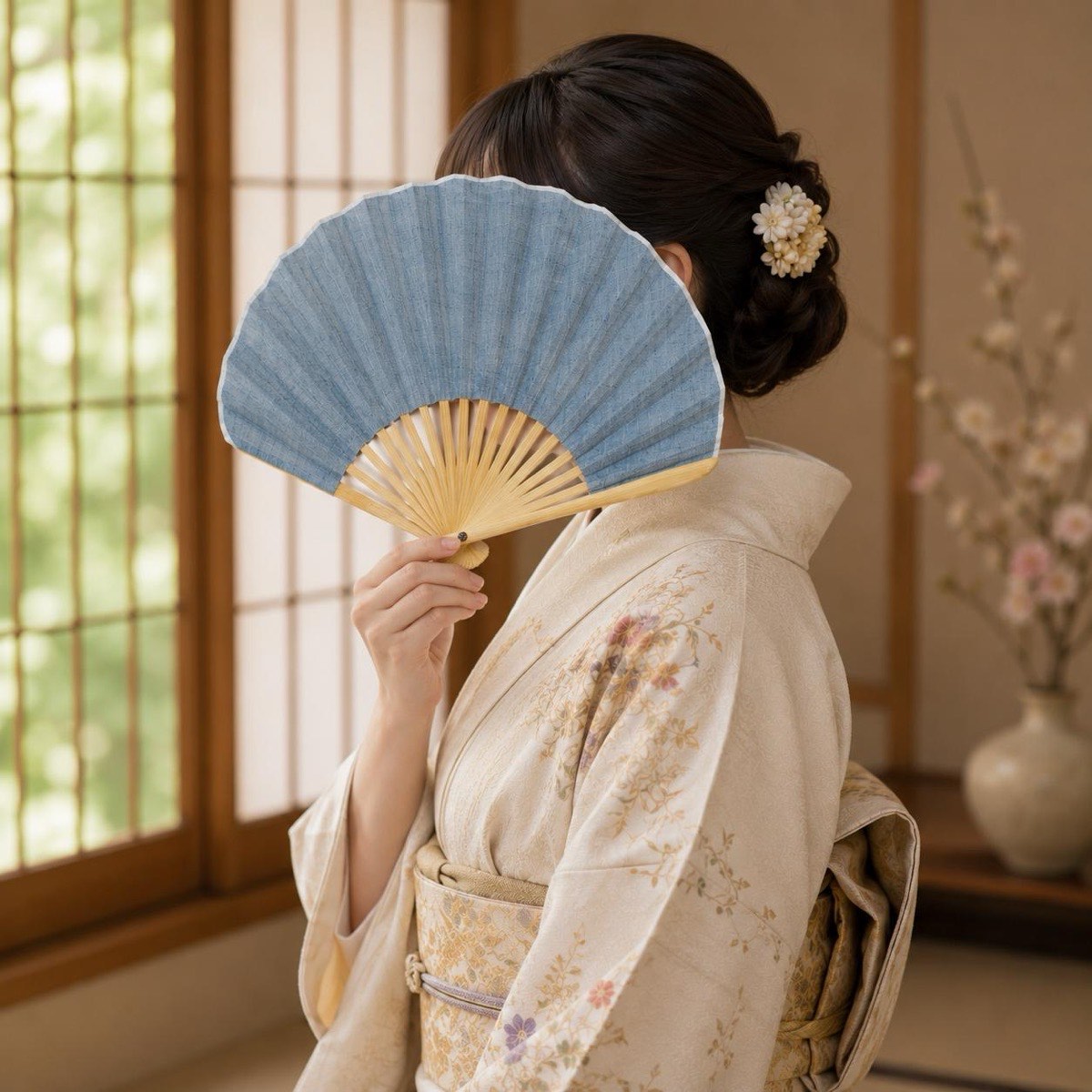 Japanese Shell Sensu Fan, Linen Ojiya Chijimi Pale Blue, Bamboo Frame, Made in Japan — view 2