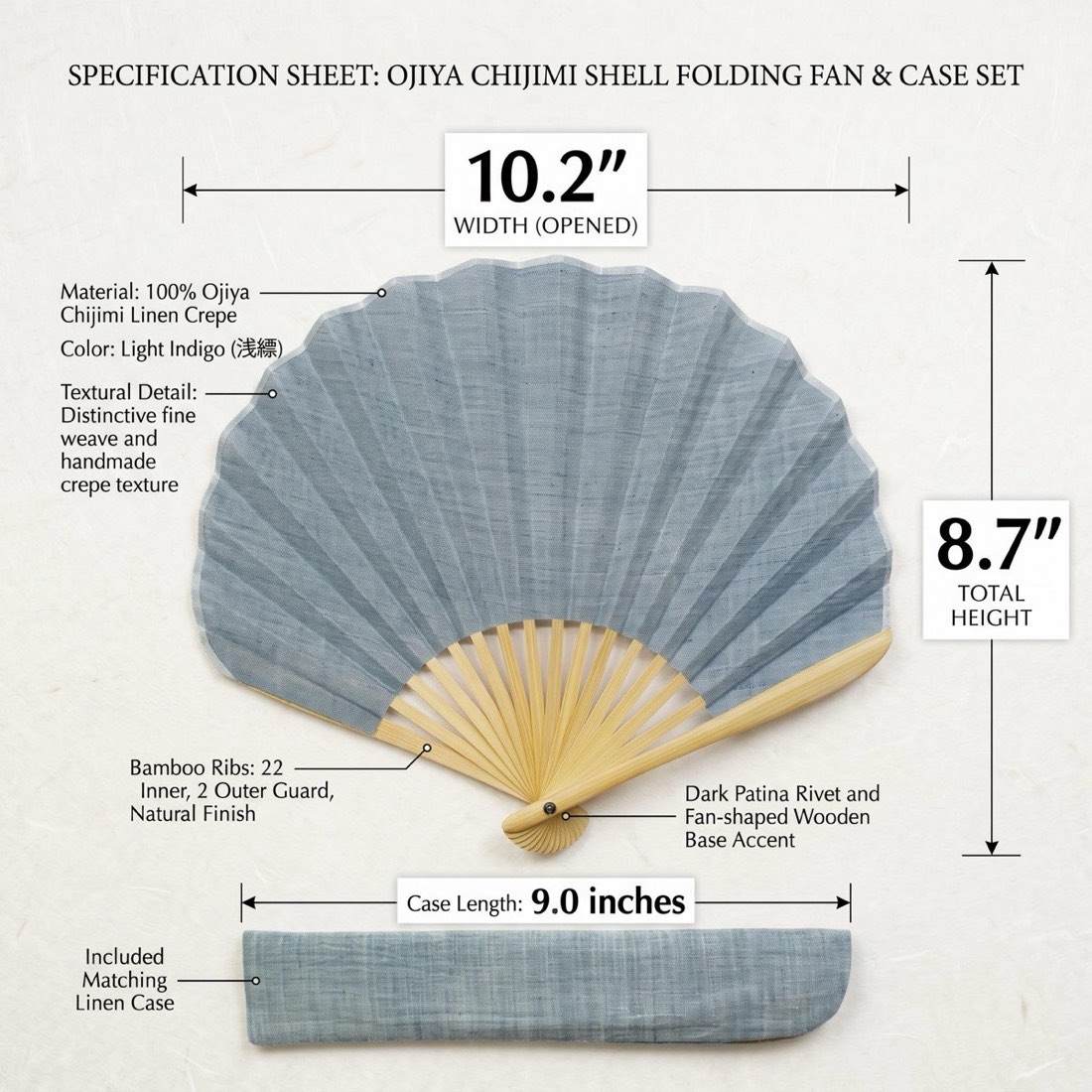 Japanese Shell Sensu Fan, Linen Ojiya Chijimi Pale Blue, Bamboo Frame, Made in Japan — view 3