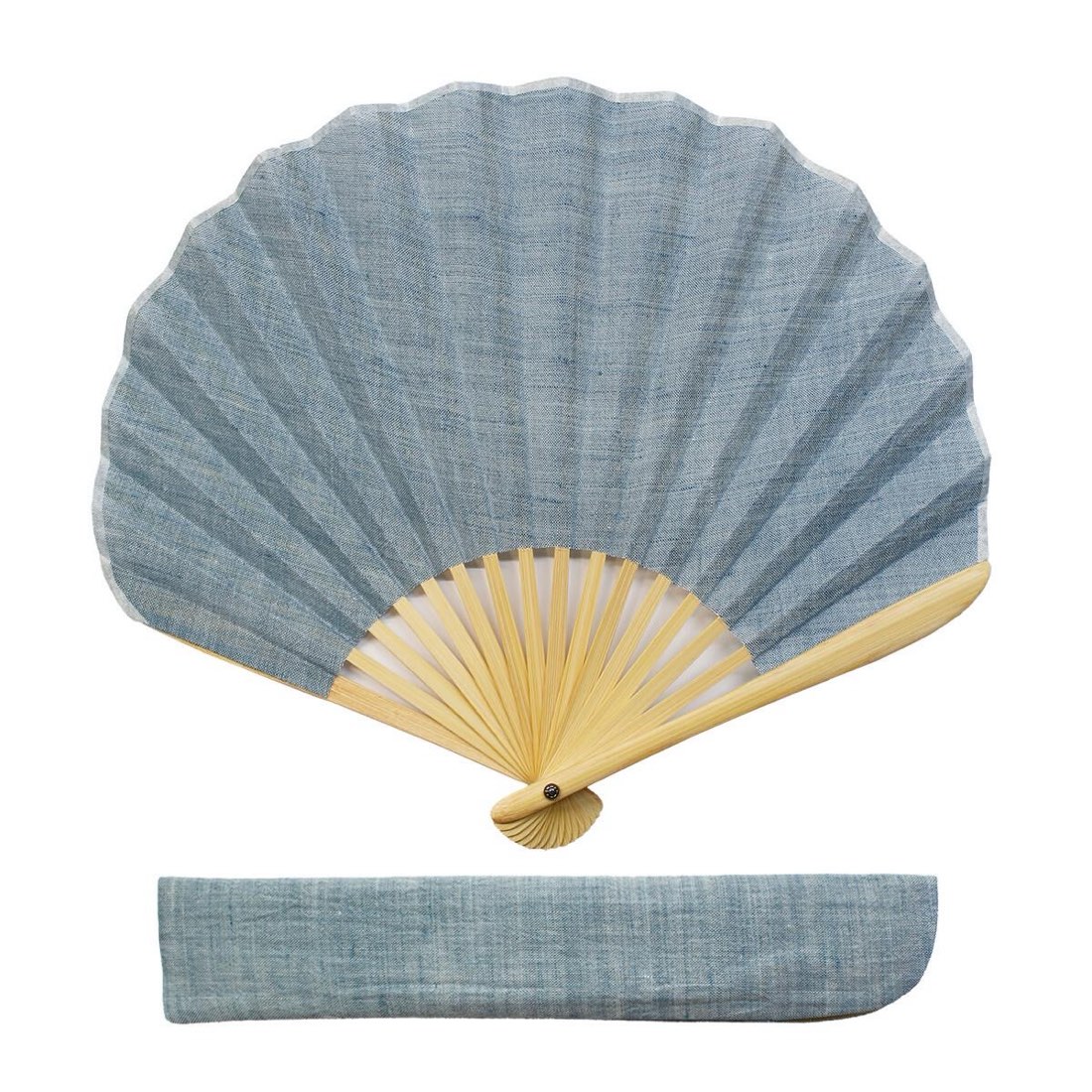 Japanese Shell Sensu Fan, Linen Ojiya Chijimi Pale Blue, Bamboo Frame, Made in Japan — view 4
