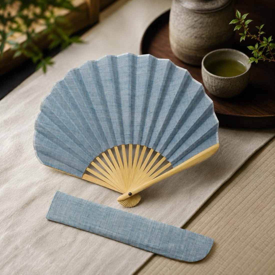Japanese Shell Sensu Fan, Linen Ojiya Chijimi Pale Blue, Bamboo Frame, Made in Japan — view 6