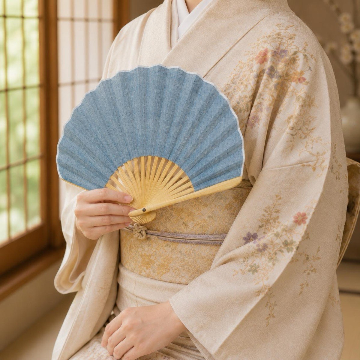 Japanese Shell Sensu Fan, Linen Ojiya Chijimi Pale Blue, Bamboo Frame, Made in Japan — view 9