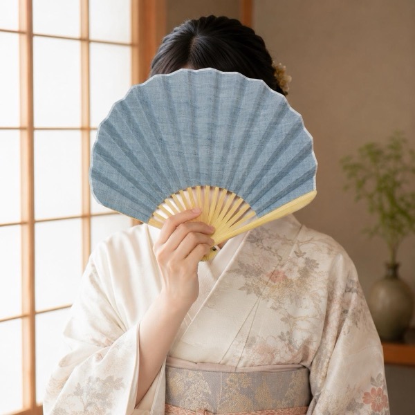 Japanese Shell Sensu Fan, Linen Ojiya Chijimi Pale Blue, Bamboo Frame, Made in Japan