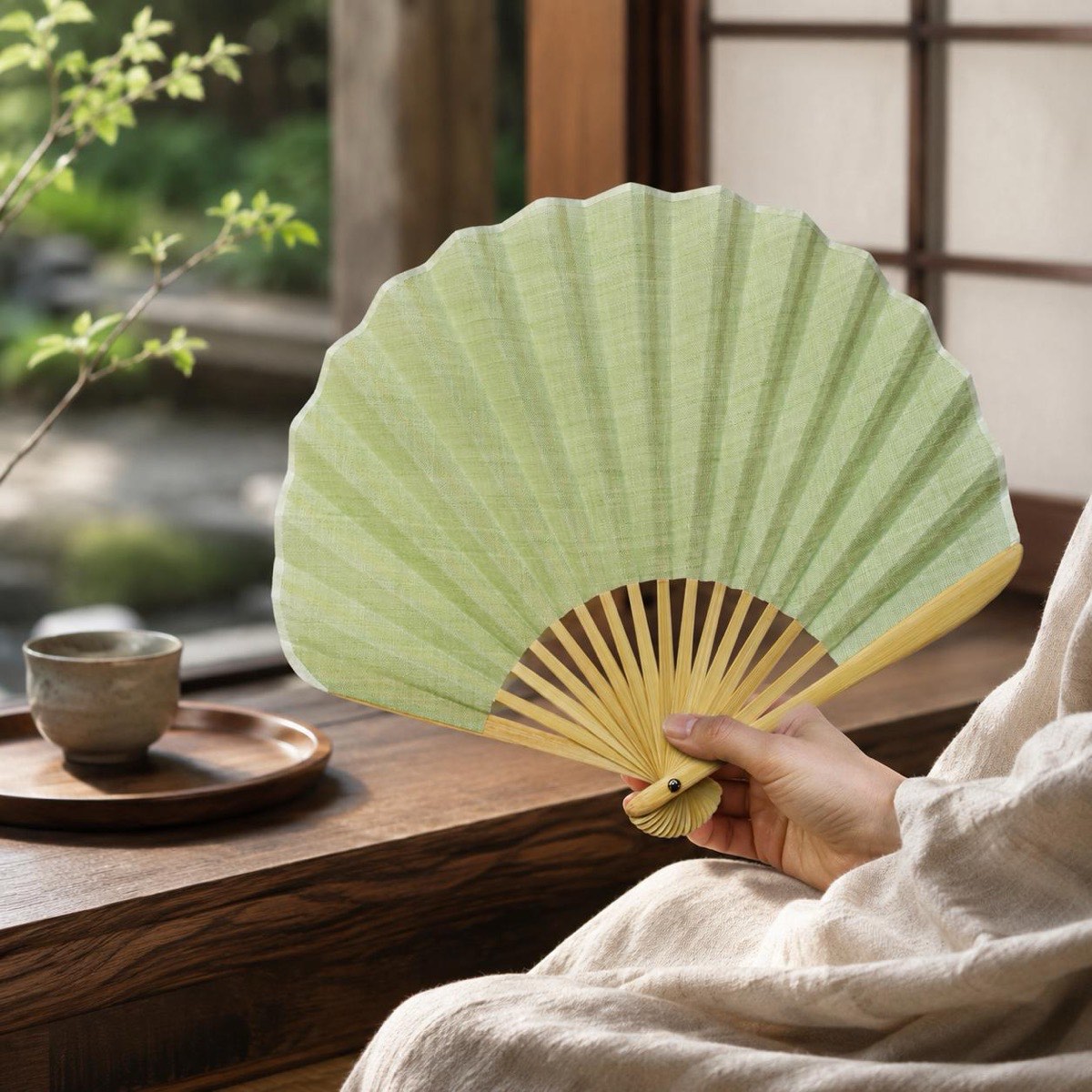 Japanese Shell Sensu Fan, Linen Ojiya Chijimi Pale Green, Bamboo Frame, Made in Japan — view 10