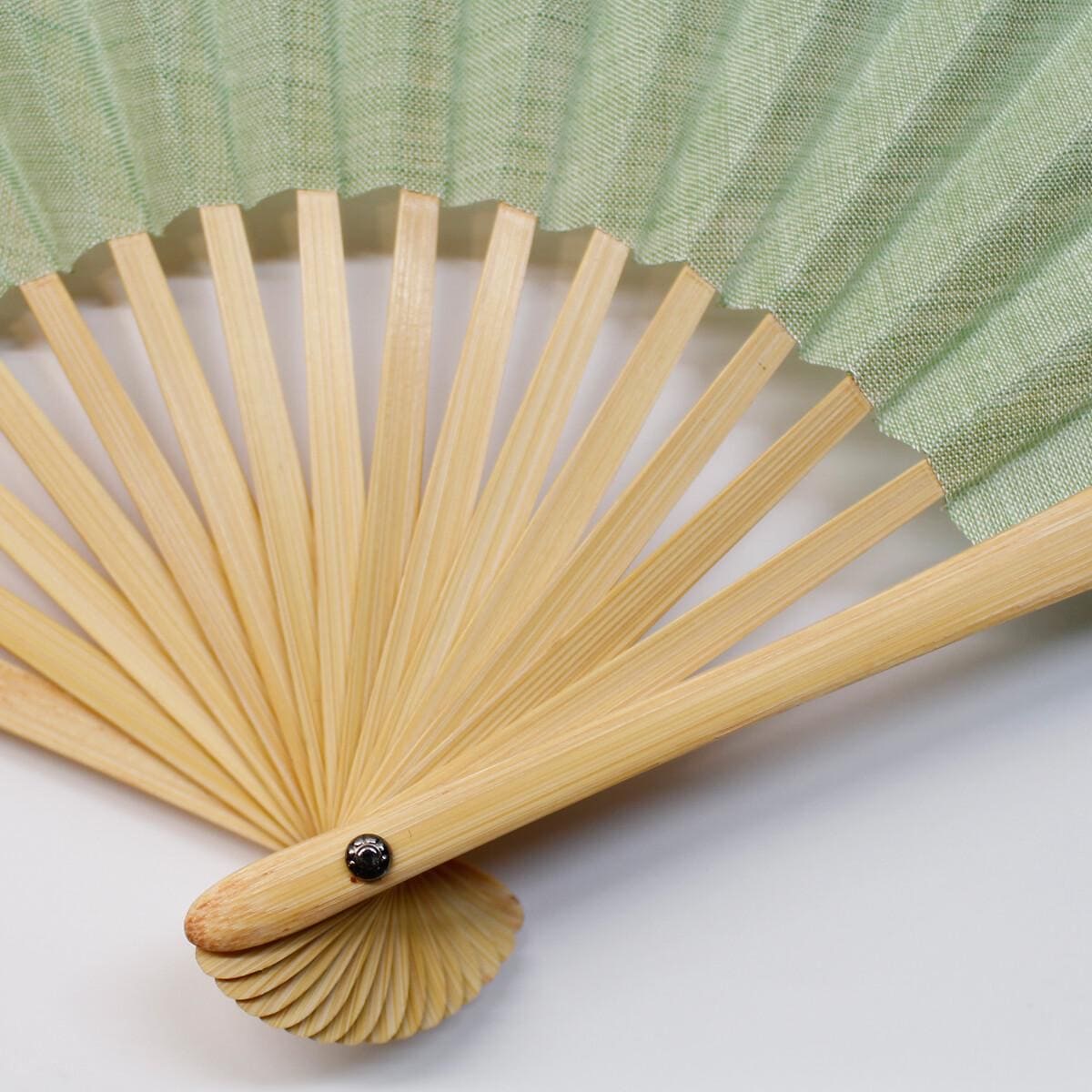 Japanese Shell Sensu Fan, Linen Ojiya Chijimi Pale Green, Bamboo Frame, Made in Japan — view 5