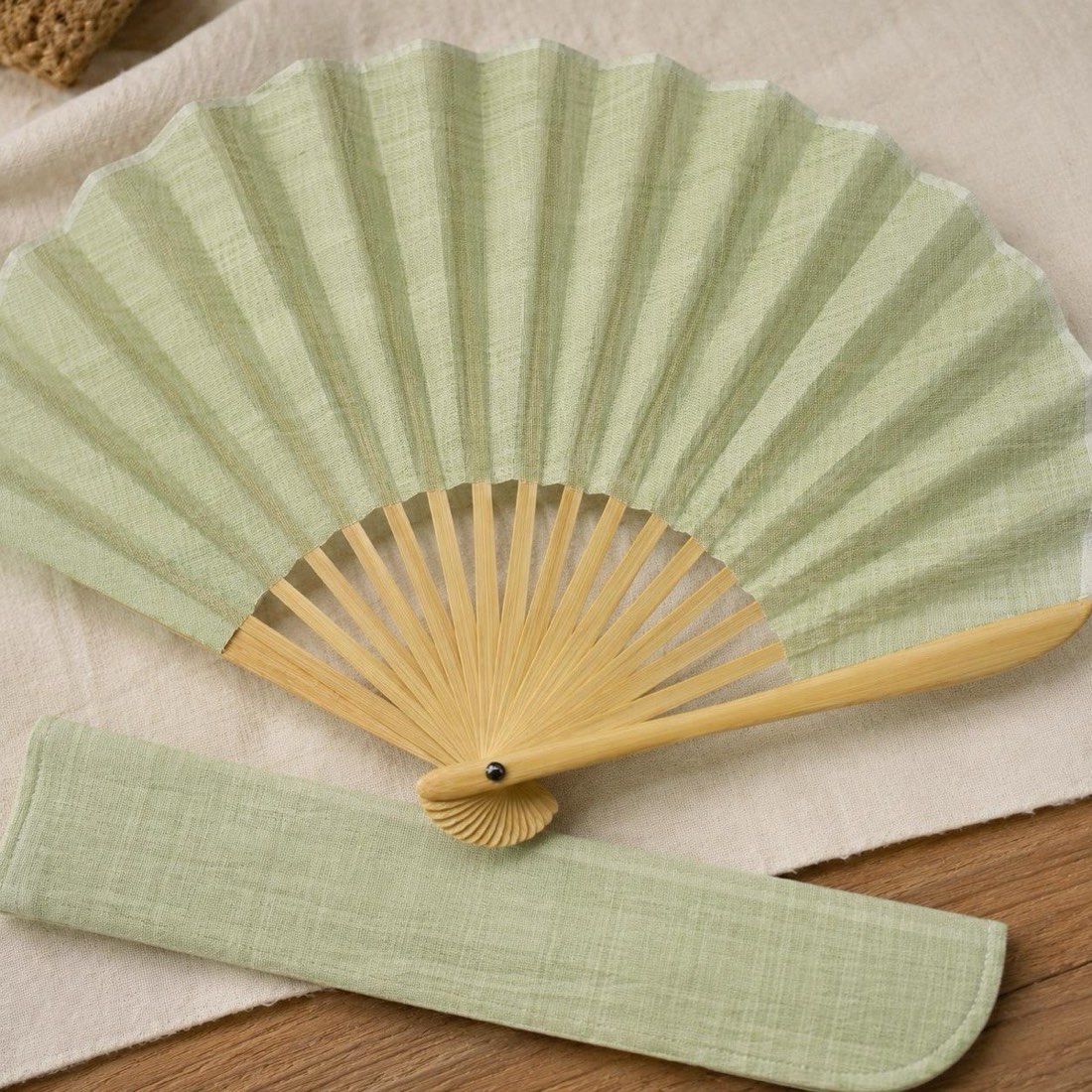 Japanese Shell Sensu Fan, Linen Ojiya Chijimi Pale Green, Bamboo Frame, Made in Japan — view 9
