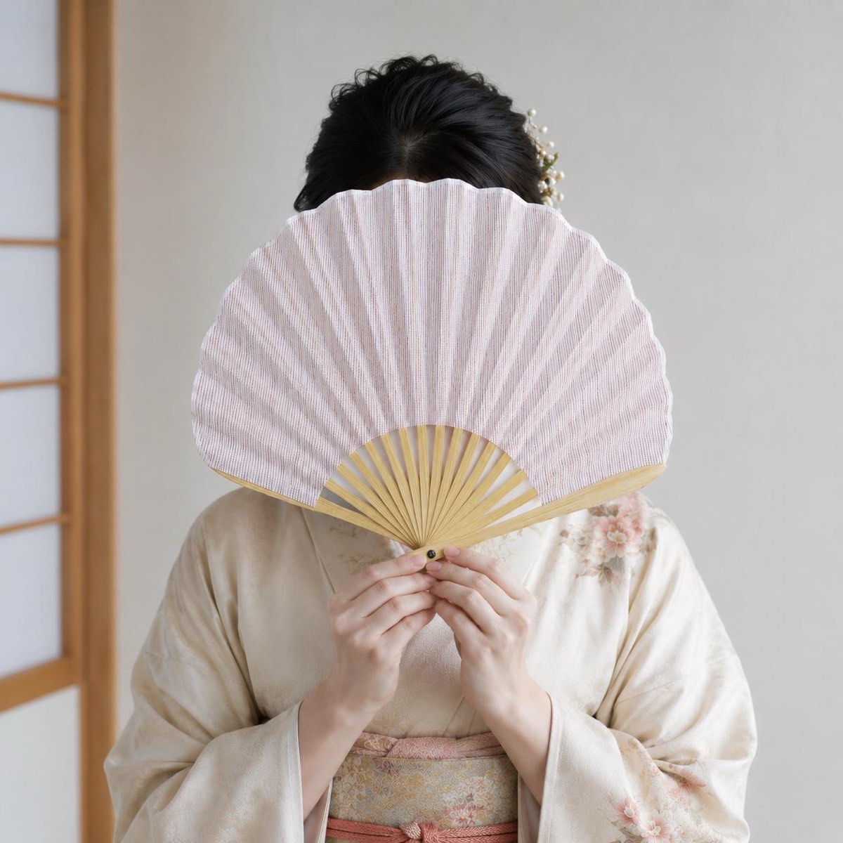 Japanese Shell Sensu Fan, Linen Ojiya Chijimi Pink Stripe, Bamboo Frame, Made in Japan