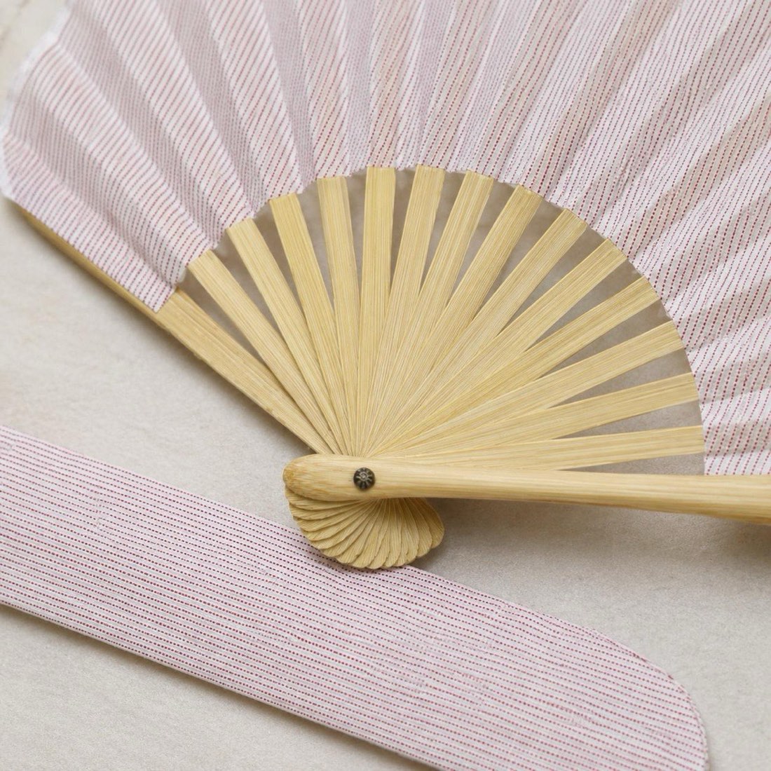 Japanese Shell Sensu Fan, Linen Ojiya Chijimi Pink Stripe, Bamboo Frame, Made in Japan — view 10