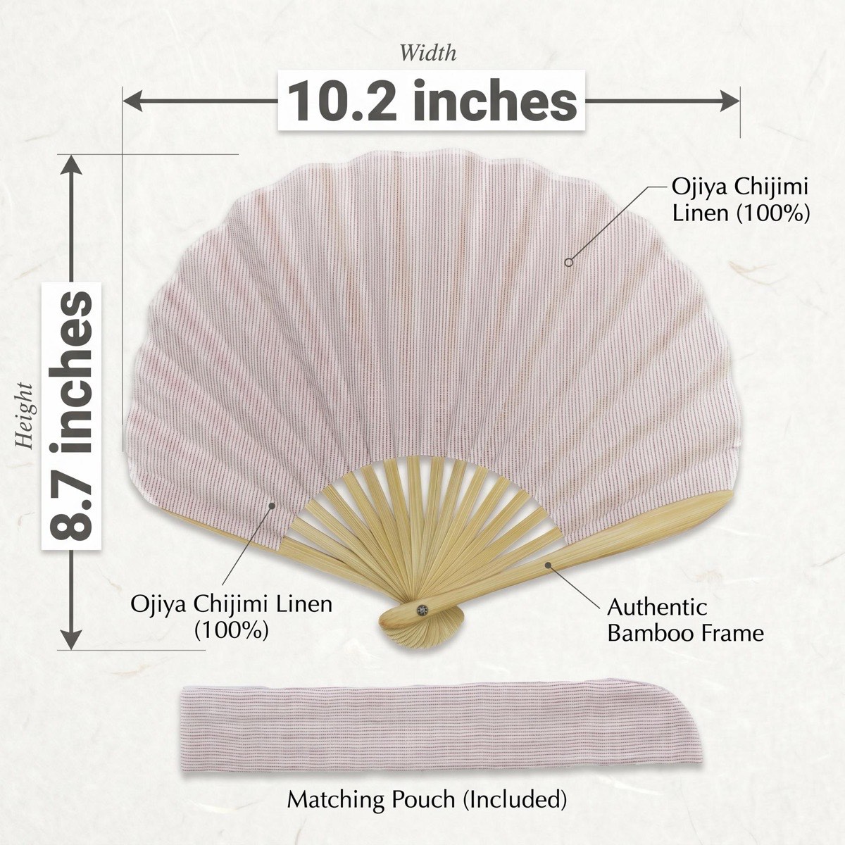 Japanese Shell Sensu Fan, Linen Ojiya Chijimi Pink Stripe, Bamboo Frame, Made in Japan — view 4