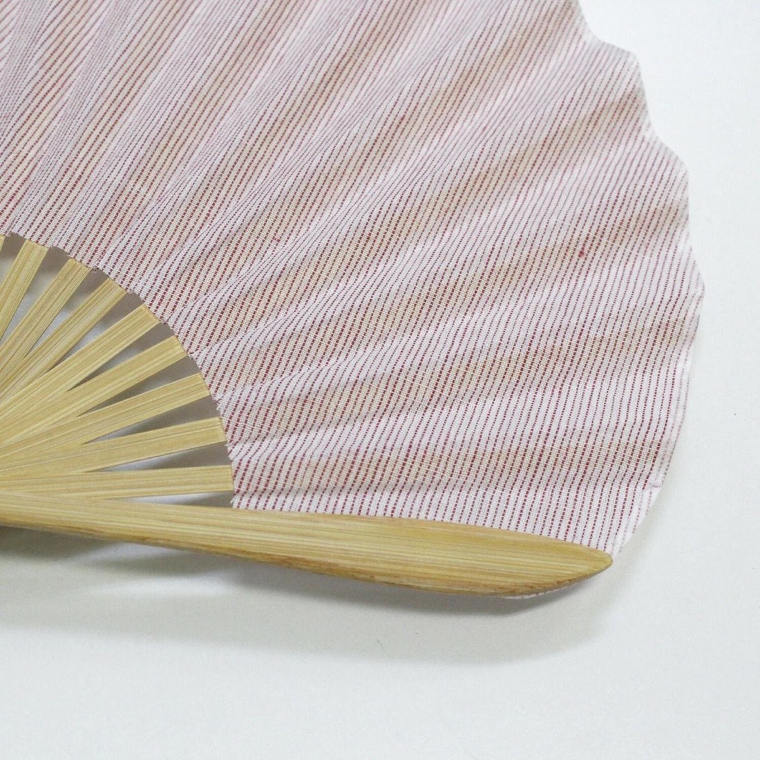 Japanese Shell Sensu Fan, Linen Ojiya Chijimi Pink Stripe, Bamboo Frame, Made in Japan — view 5