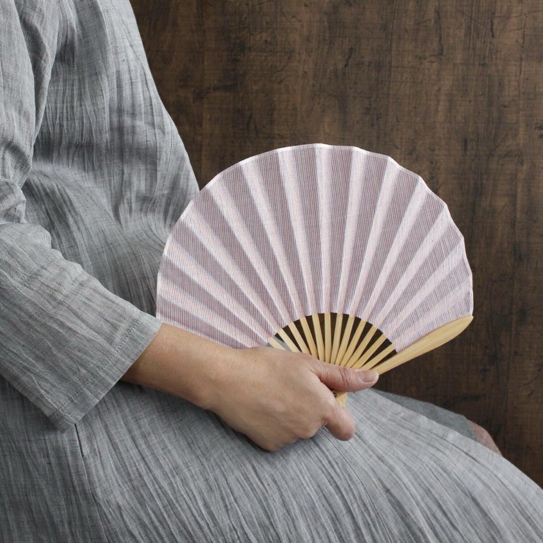 Japanese Shell Sensu Fan, Linen Ojiya Chijimi Pink Stripe, Bamboo Frame, Made in Japan — view 8