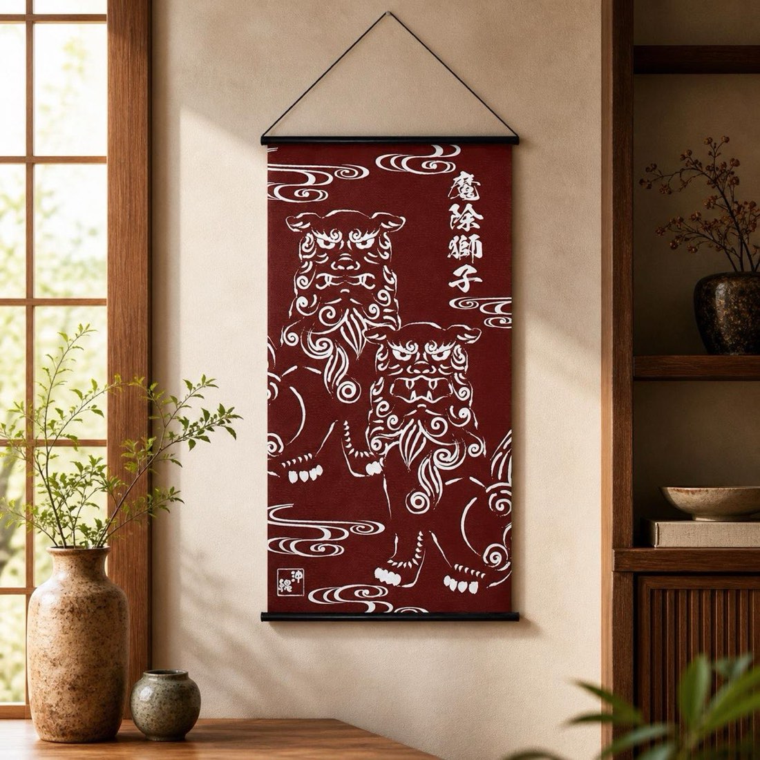 Japanese Tapestry Wall Hanging, Okinawan Shisa, Burgundy, 18.1 x 32.3 in, Made in Japan — view 6
