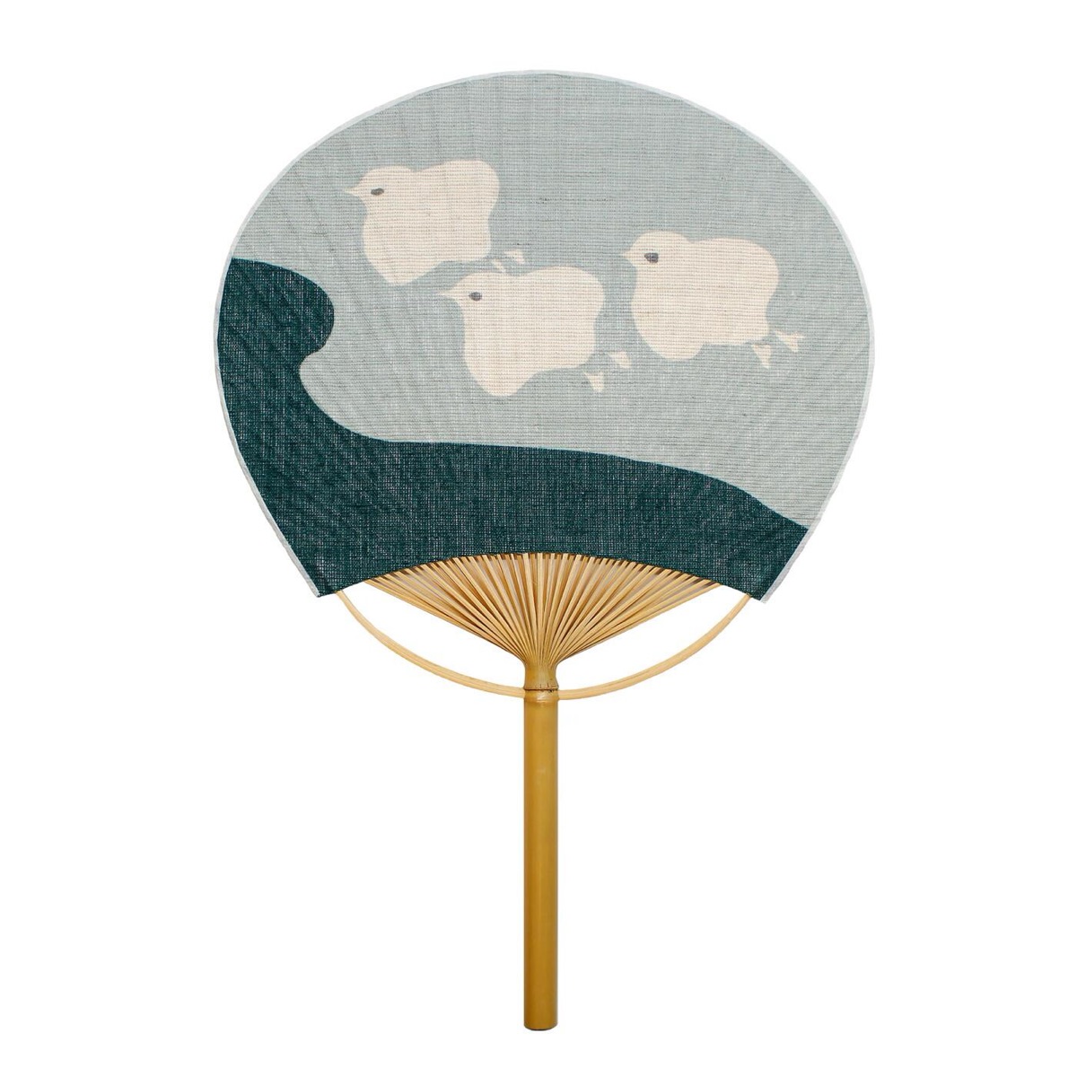 Japanese Uchiwa Hand Fan, Linen Chidori Bird Motif, Bamboo Frame, Made in Japan — view 8
