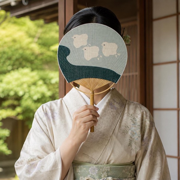 Japanese Uchiwa Hand Fan, Linen Chidori Bird Motif, Bamboo Frame, Made in Japan