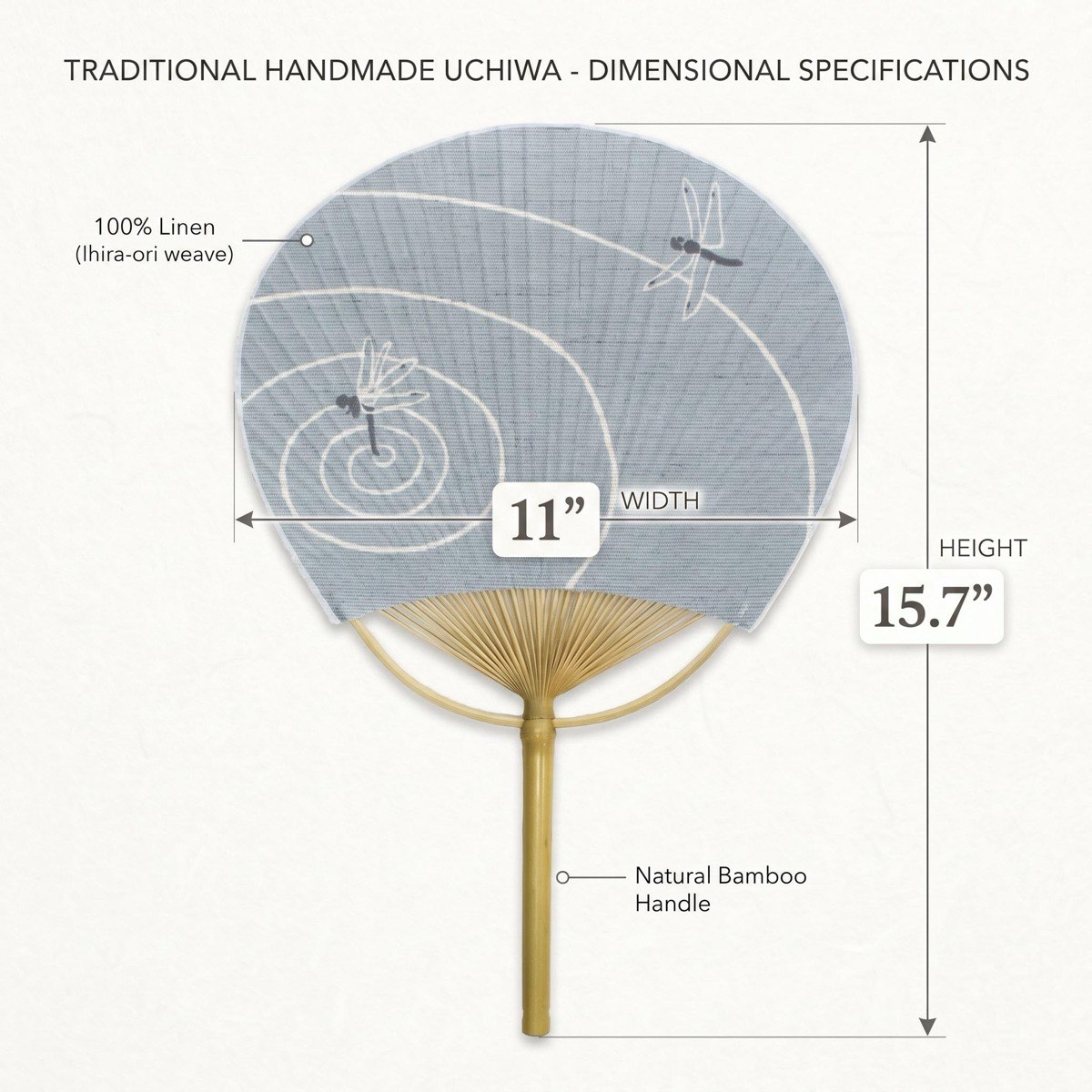 Japanese Uchiwa Hand Fan, Linen Dragonfly Motif, Bamboo Frame, Made in Japan — view 3