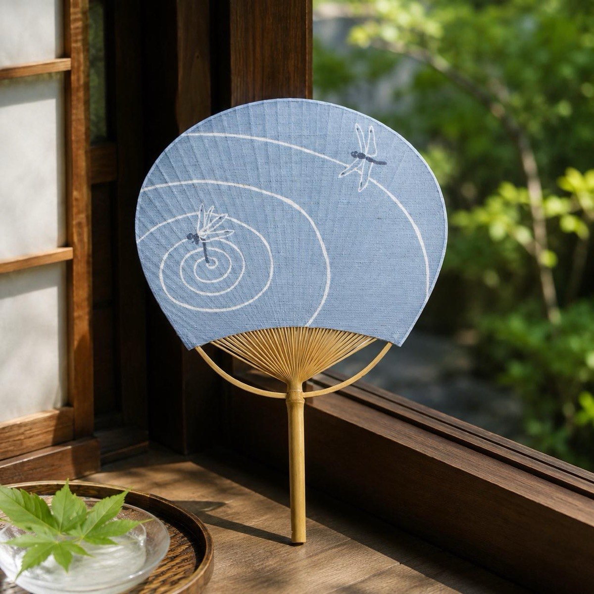 Japanese Uchiwa Hand Fan, Linen Dragonfly Motif, Bamboo Frame, Made in Japan — view 7