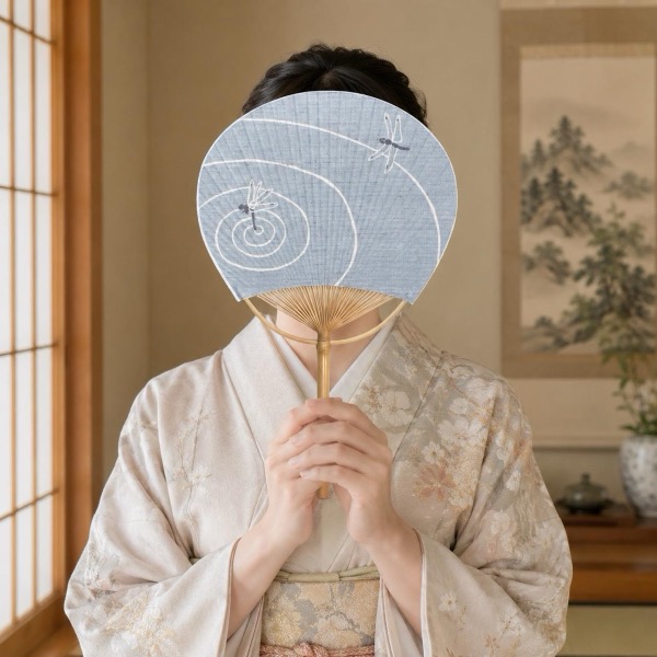 Japanese Uchiwa Hand Fan, Linen Dragonfly Motif, Bamboo Frame, Made in Japan