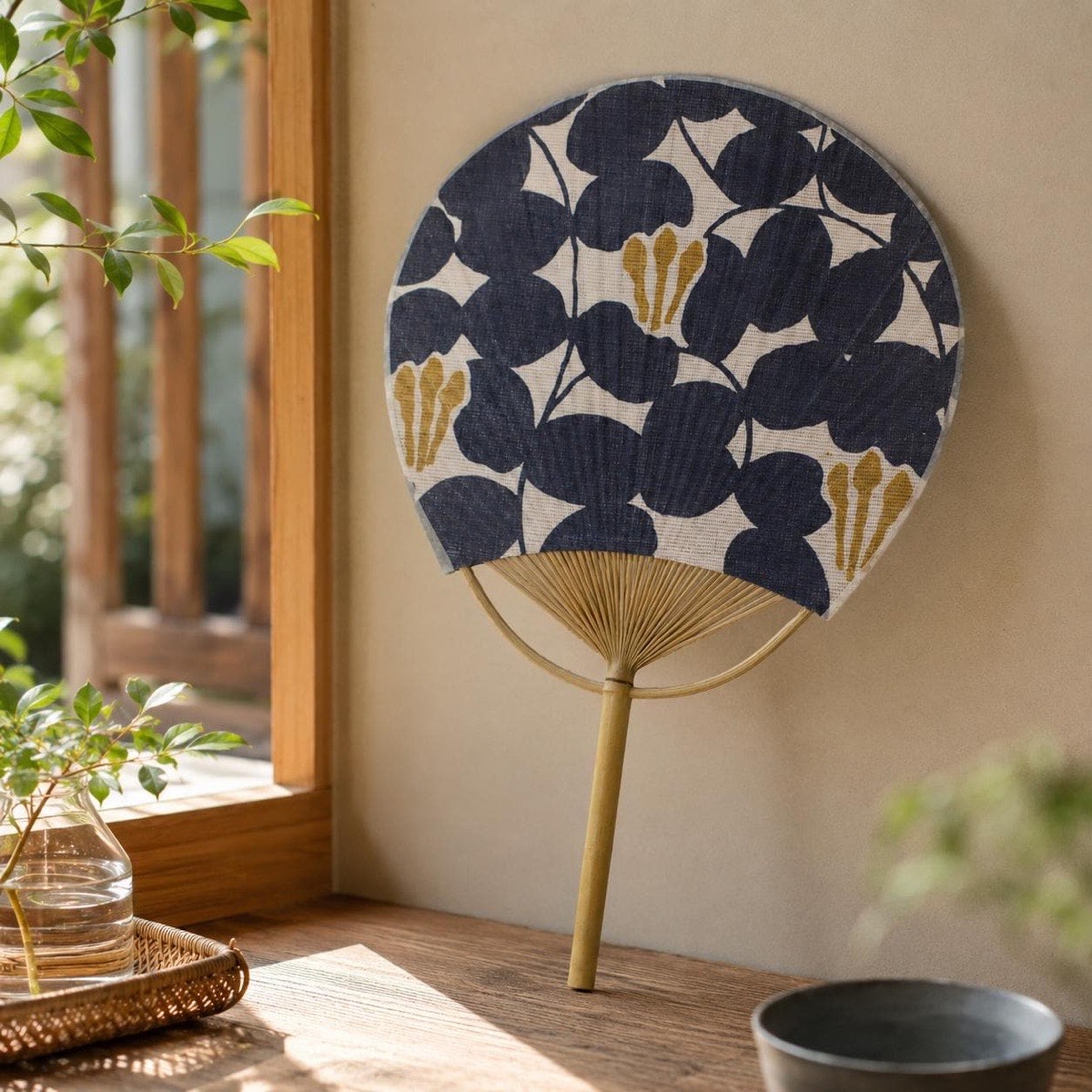 Japanese Uchiwa Hand Fan, Linen Floral Pattern Motif, Bamboo Frame, Made in Japan — view 10