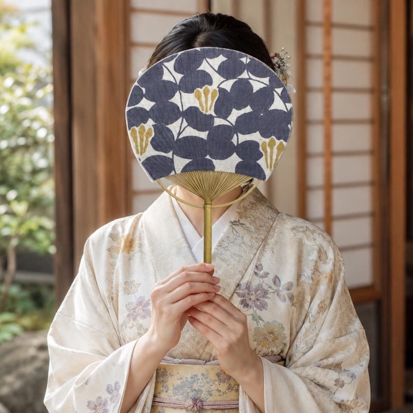 Japanese Uchiwa Hand Fan, Linen Floral Pattern Motif, Bamboo Frame, Made in Japan