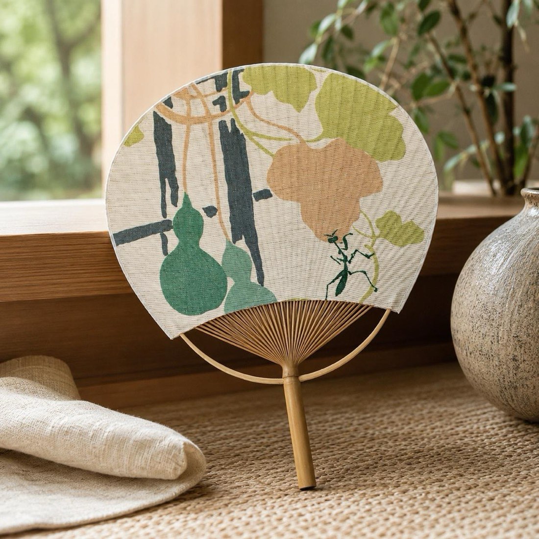 Japanese Uchiwa Hand Fan, Linen Gourd Motif, Bamboo Frame, Made in Japan — view 10