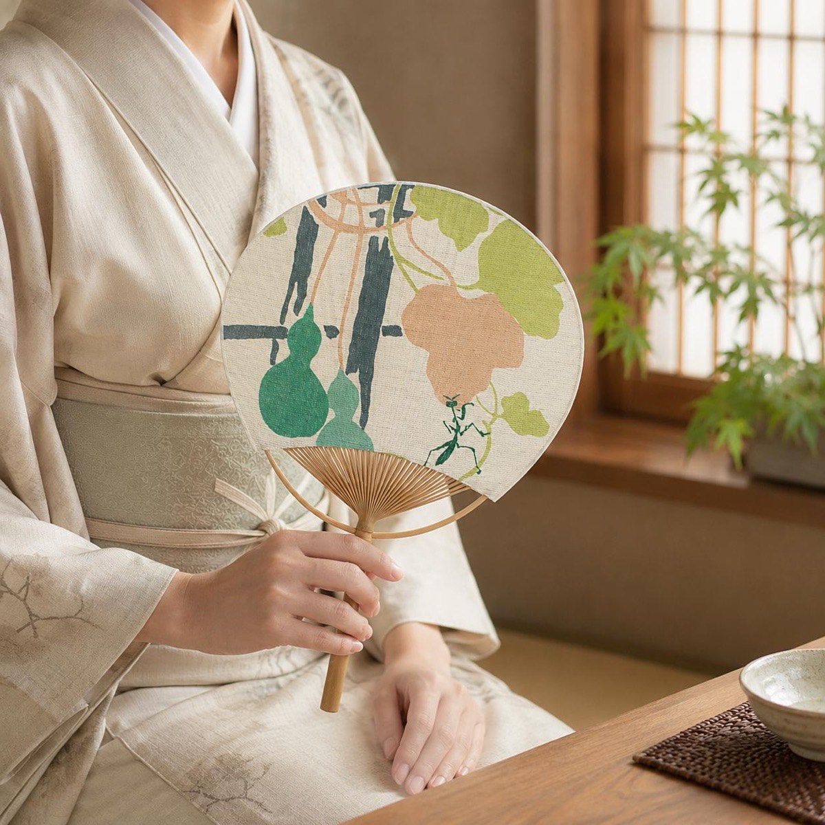 Japanese Uchiwa Hand Fan, Linen Gourd Motif, Bamboo Frame, Made in Japan — view 2
