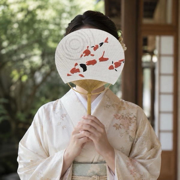 Japanese Uchiwa Hand Fan, Linen Koi Motif, Bamboo Frame, Made in Japan