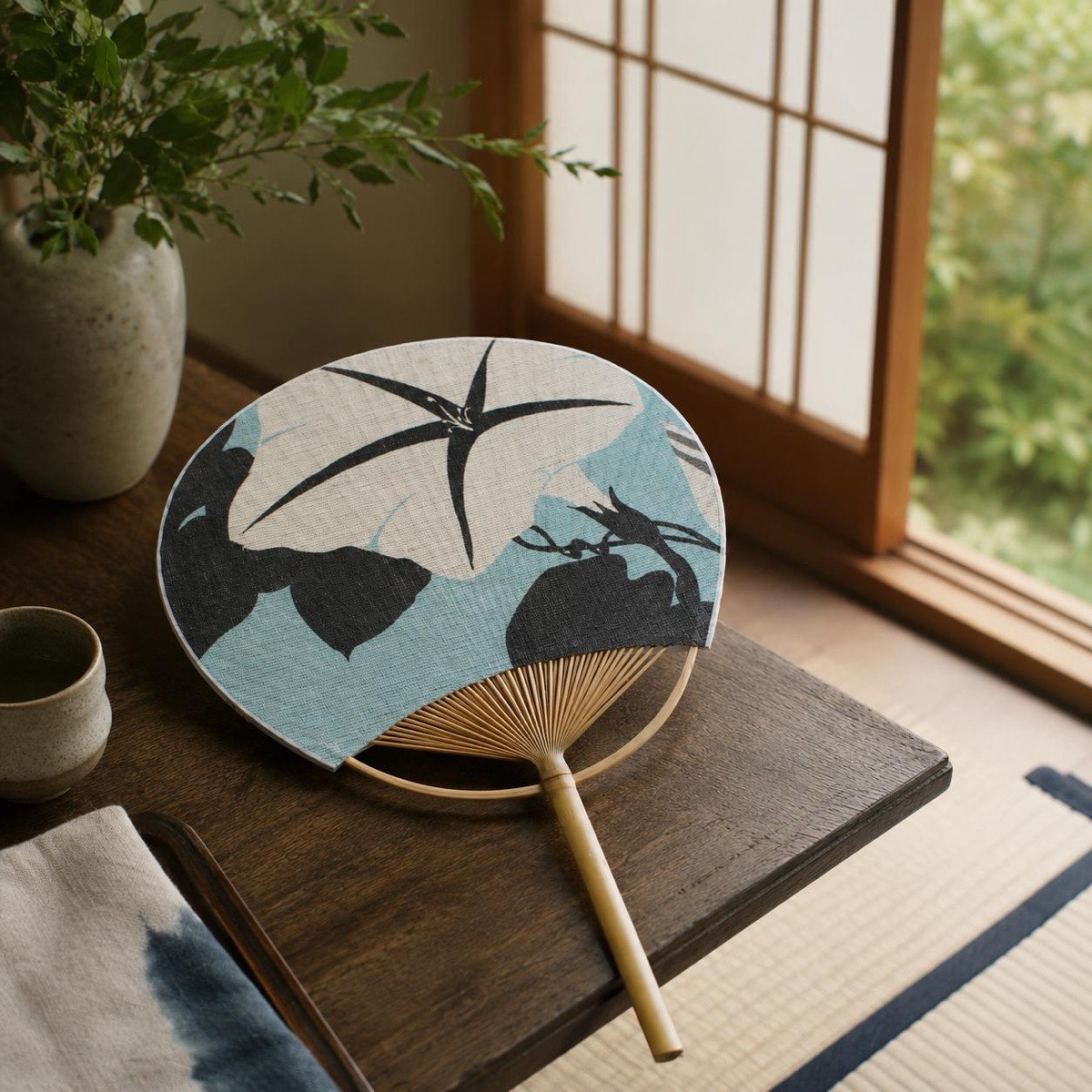 Japanese Uchiwa Hand Fan, Linen Morning Glory Motif, Bamboo Frame, Made in Japan — view 10