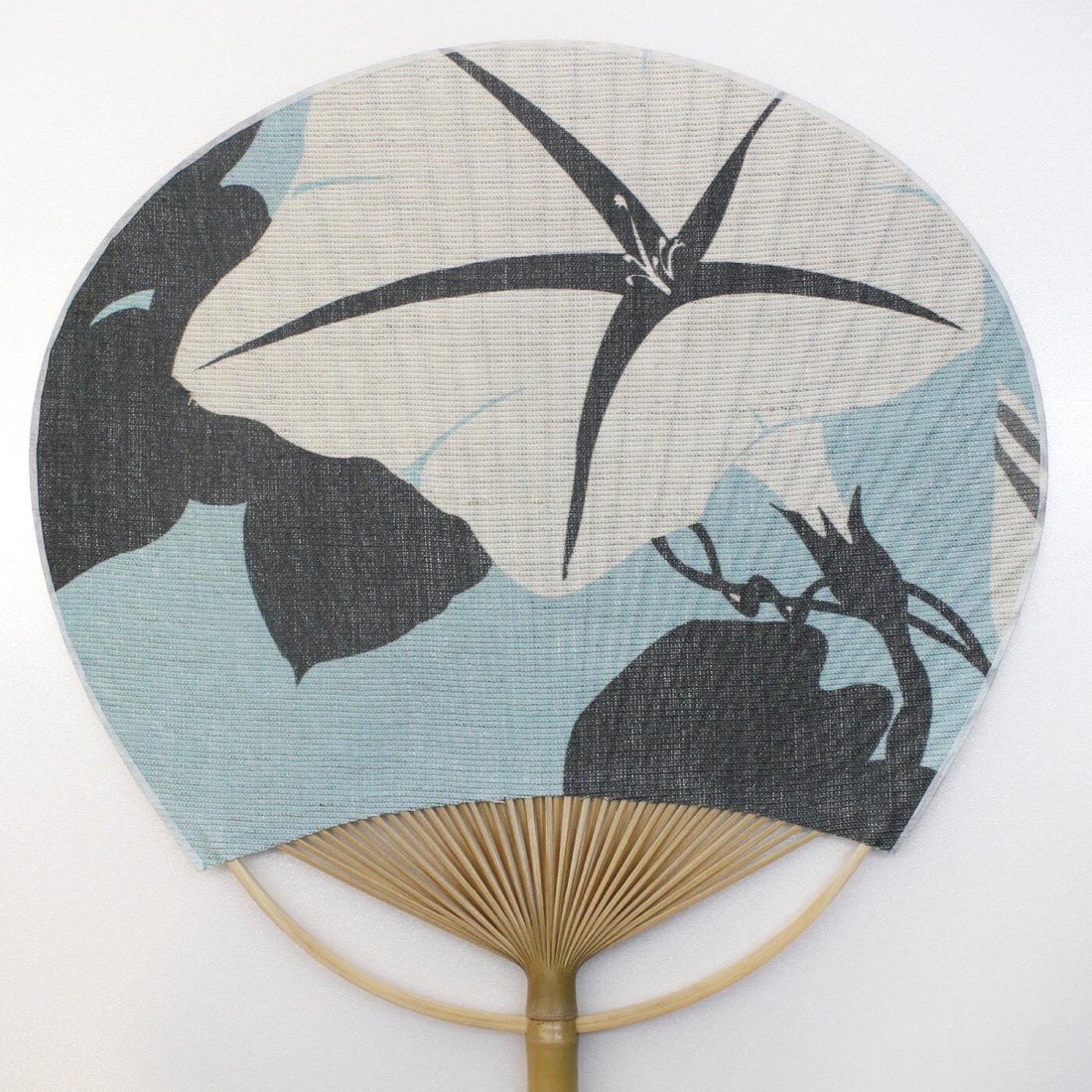 Japanese Uchiwa Hand Fan, Linen Morning Glory Motif, Bamboo Frame, Made in Japan — view 4