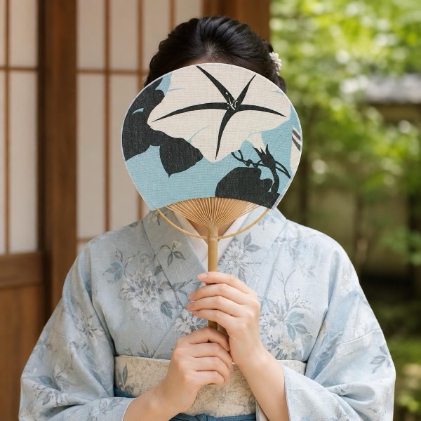 Japanese Uchiwa Hand Fan, Linen Morning Glory Motif, Bamboo Frame, Made in Japan