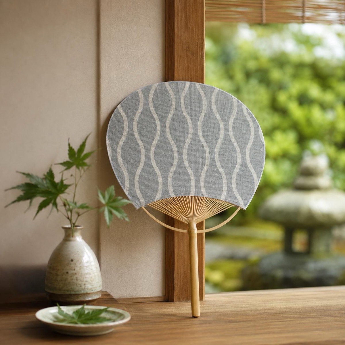 Japanese Uchiwa Hand Fan, Linen Tatewaku Wave Motif, Bamboo Frame, Made in Japan — view 10