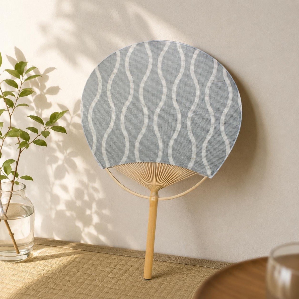 Japanese Uchiwa Hand Fan, Linen Tatewaku Wave Motif, Bamboo Frame, Made in Japan — view 6