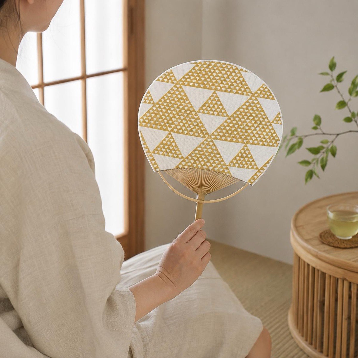 Japanese Uchiwa Hand Fan, Linen Uroko Scale Motif, Bamboo Frame, Made in Japan — view 2