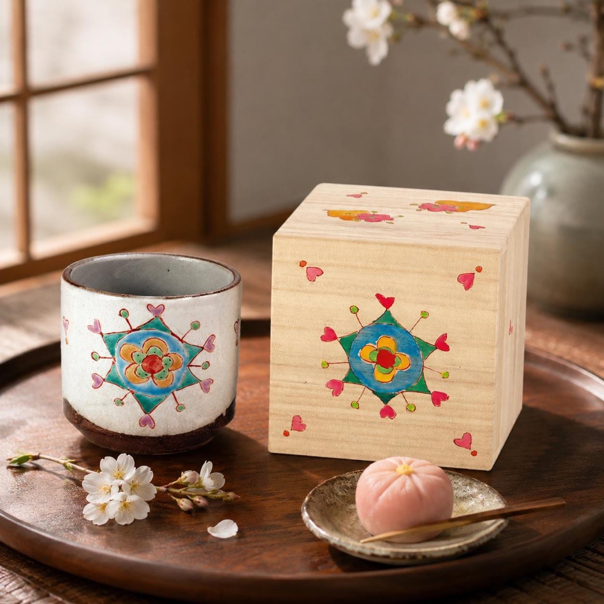 Japanese Tea Cup, Kutani Yunomi Floral Botanical by Ginshu Kiln — No Handle, Gift-Boxed (325ml) — view 8