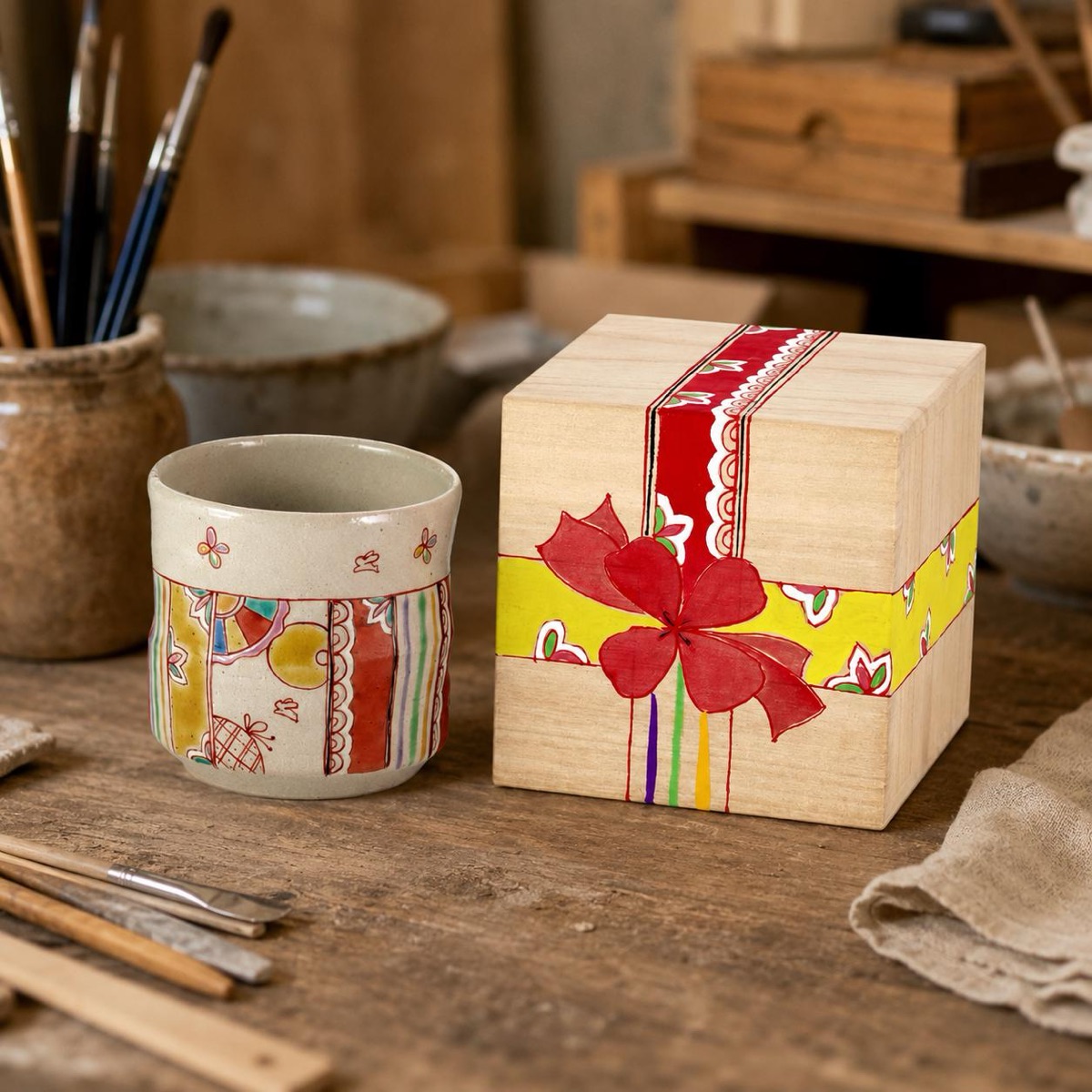 Japanese Tea Cup, Kutani Yunomi Hanafuda Twelve Flowers — No Handle, Gift-Boxed (270ml) — view 10