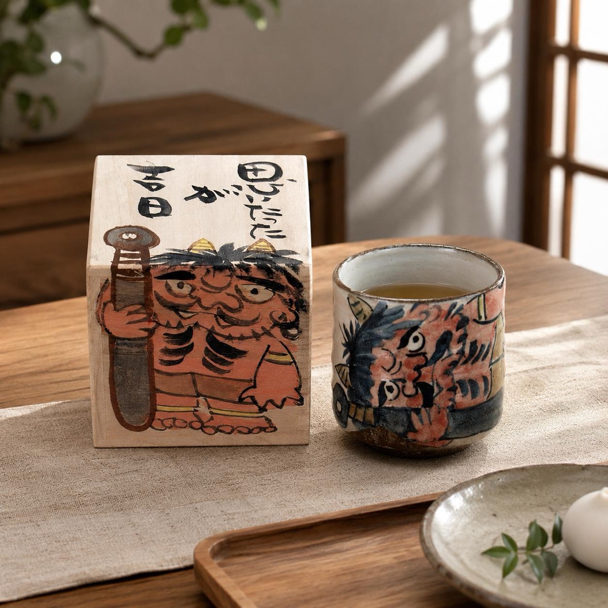 Japanese Tea Cup, Kutani Yunomi Lucky-Day Calligraphy — No Handle, Hand-Painted, Gift-Boxed (385ml) — view 5