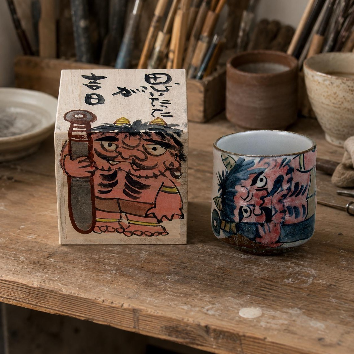 Japanese Tea Cup, Kutani Yunomi Lucky-Day Calligraphy — No Handle, Hand-Painted, Gift-Boxed (385ml) — view 7