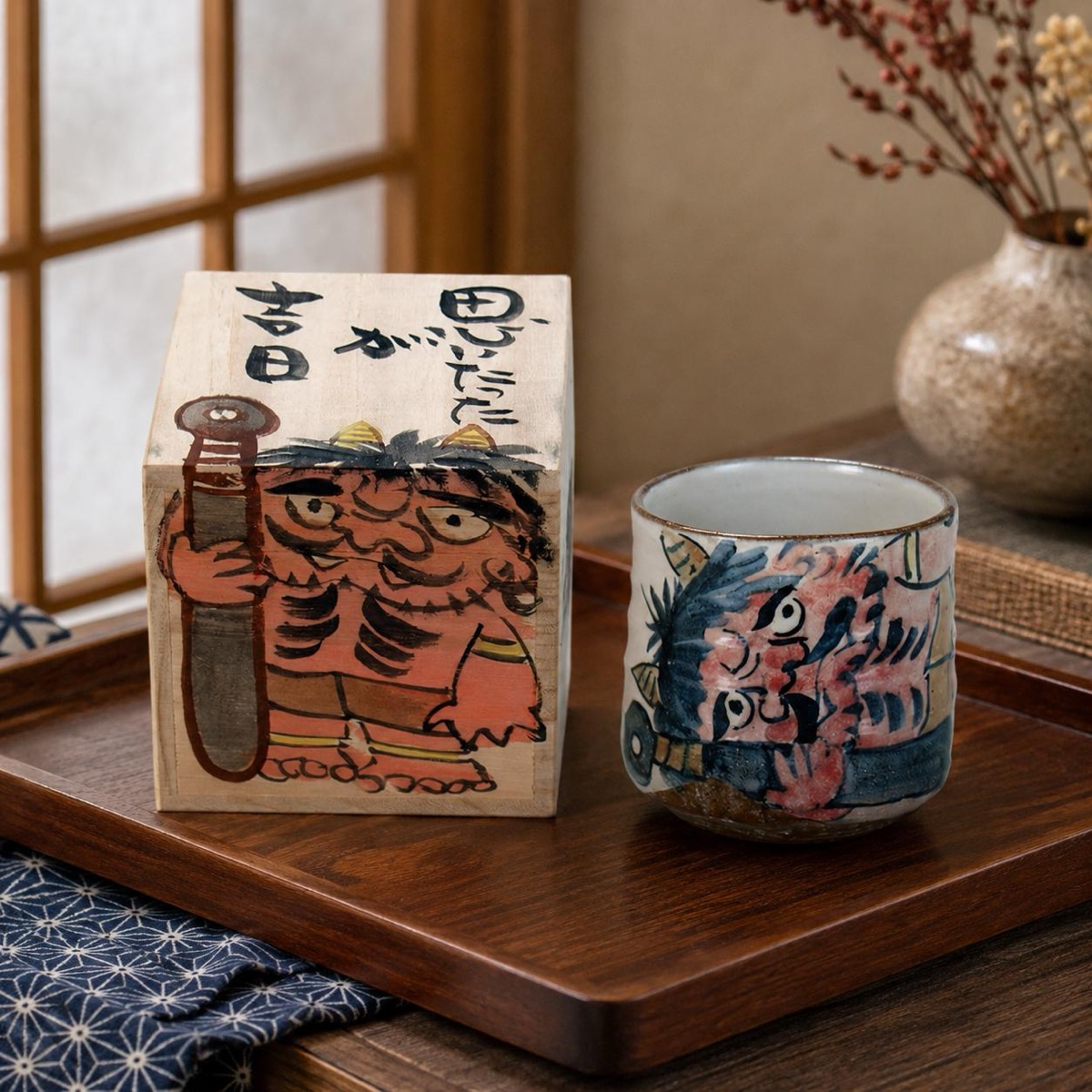 Japanese Tea Cup, Kutani Yunomi Lucky-Day Calligraphy — No Handle, Hand-Painted, Gift-Boxed (385ml) — view 9