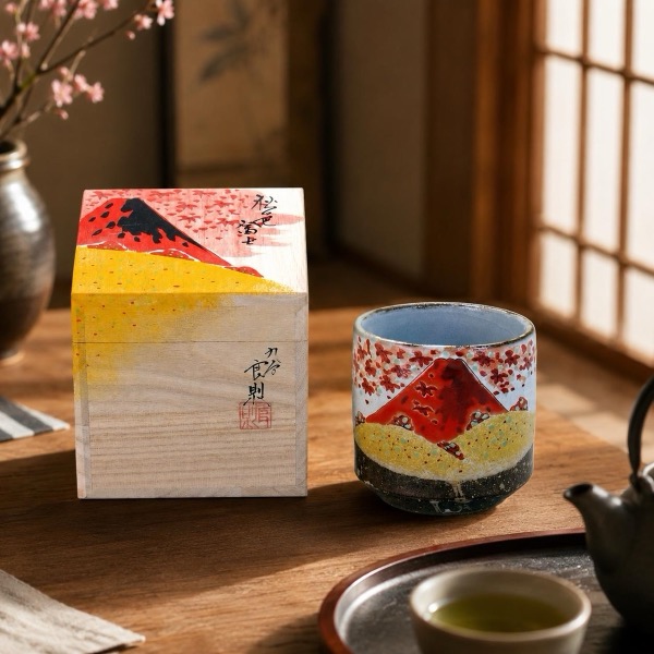 Japanese Tea Cup, Kutani Yunomi Mt Fuji by Master Fukuda — No Handle, Hand-Painted, Gift-Boxed (325ml)
