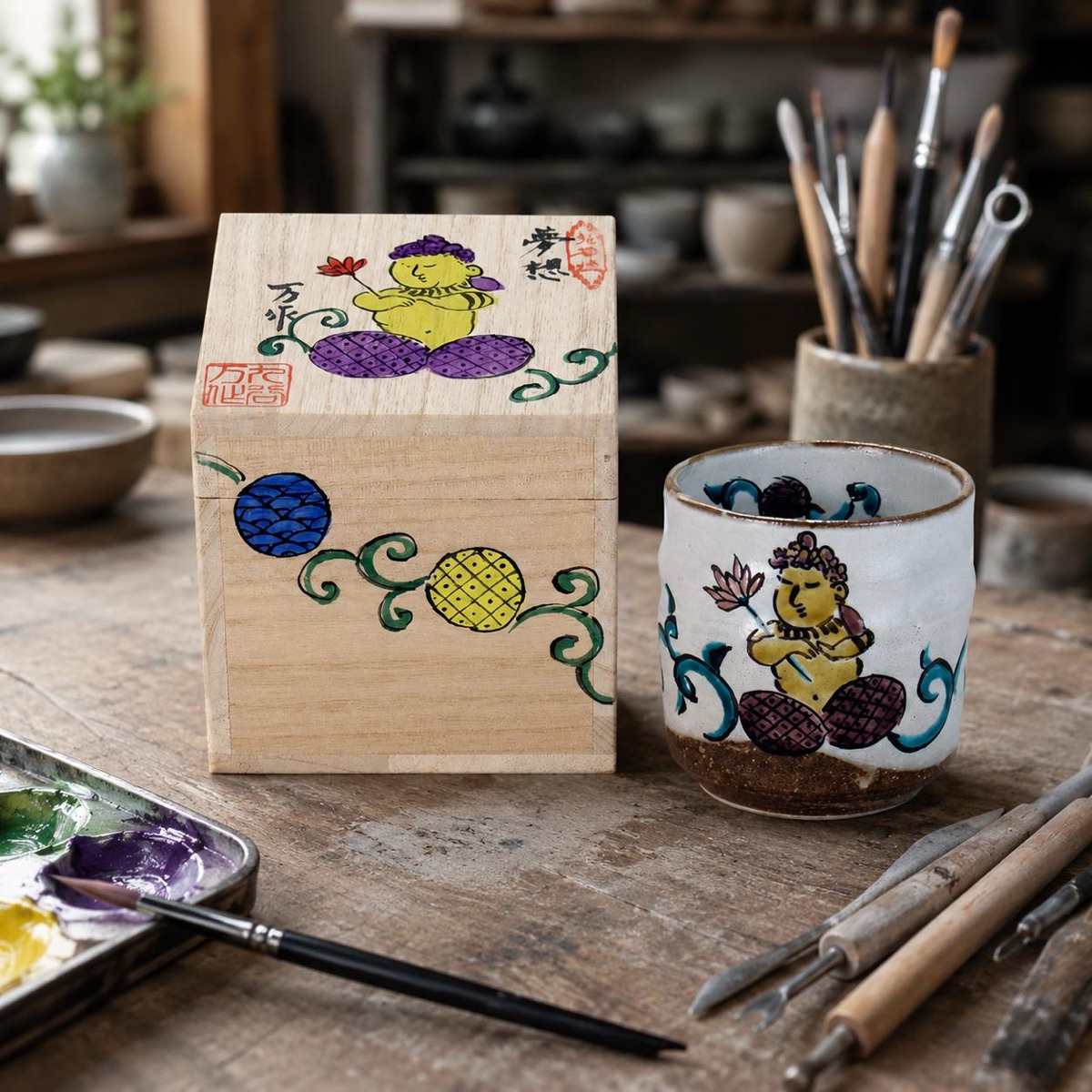 Japanese Tea Cup, Kutani Yunomi Modern Daydream by Mansaku Studio — No Handle, Gift-Boxed (325ml) — view 9