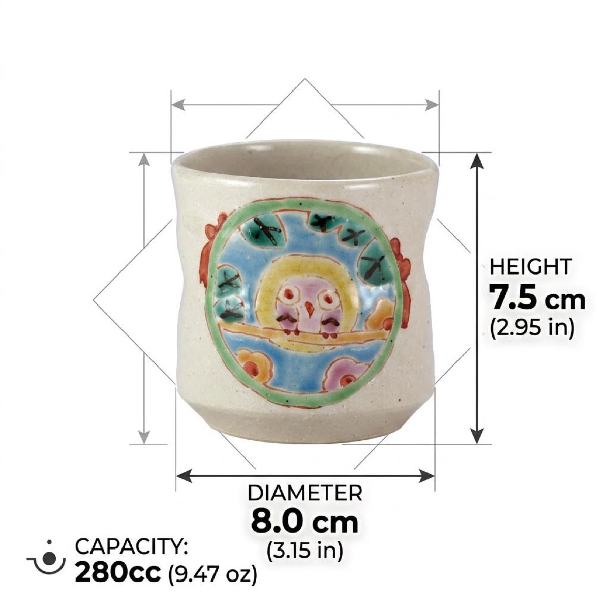 Japanese Tea Cup, Kutani Yunomi Owl (Fukurō Charm) — No Handle, Hand-Painted, Gift-Boxed (270ml) — view 4