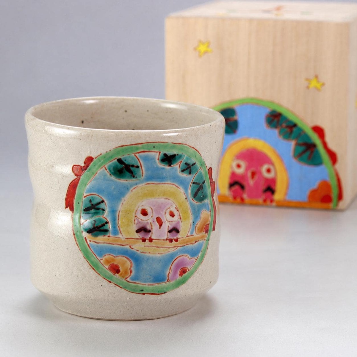 Japanese Tea Cup, Kutani Yunomi Owl (Fukurō Charm) — No Handle, Hand-Painted, Gift-Boxed (270ml) — view 5