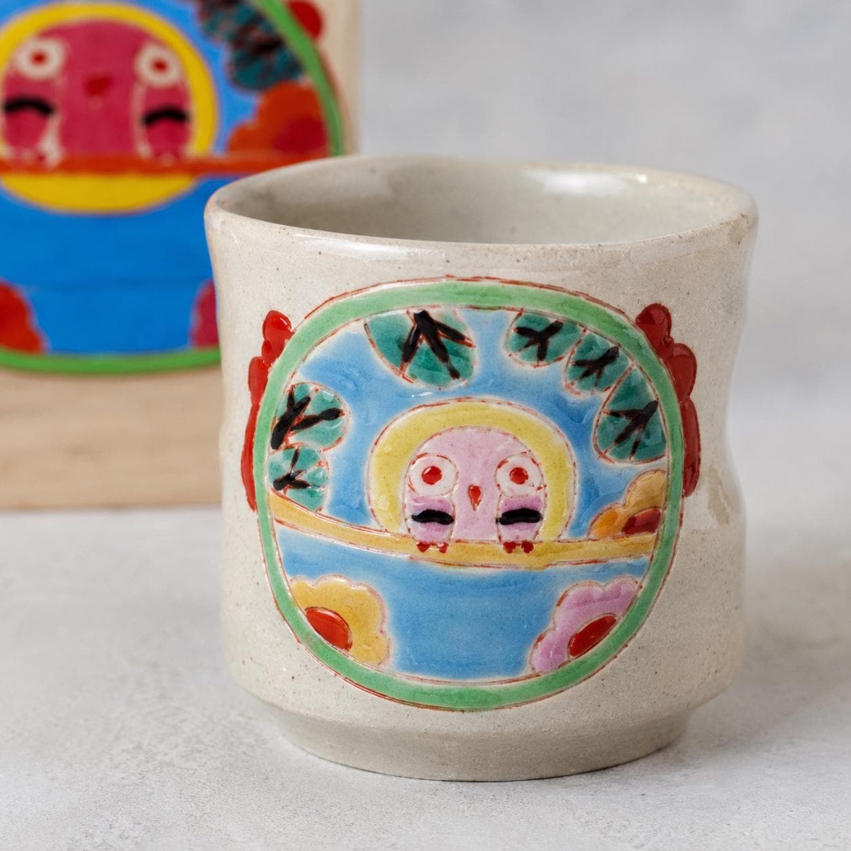 Japanese Tea Cup, Kutani Yunomi Owl (Fukurō Charm) — No Handle, Hand-Painted, Gift-Boxed (270ml) — view 6