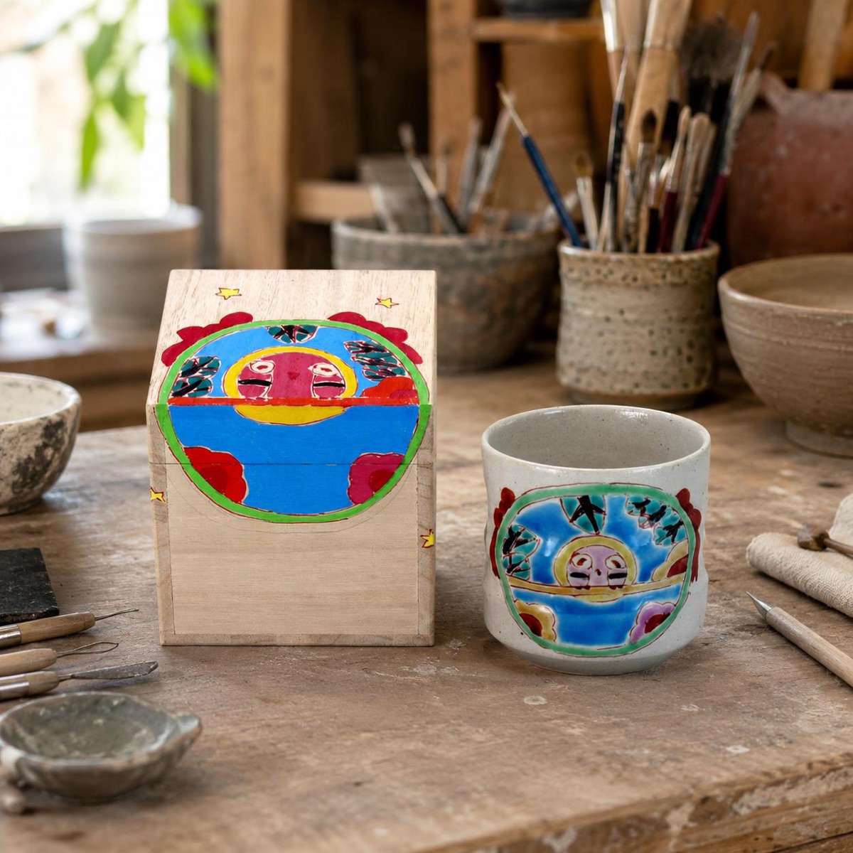Japanese Tea Cup, Kutani Yunomi Owl (Fukurō Charm) — No Handle, Hand-Painted, Gift-Boxed (270ml) — view 8