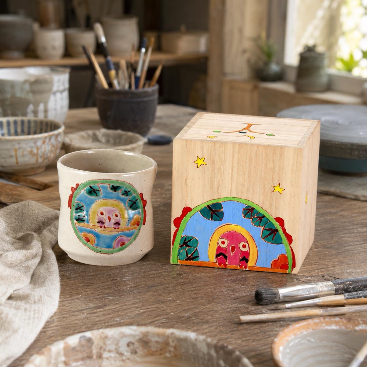 Japanese Tea Cup, Kutani Yunomi Owl (Fukurō Charm) — No Handle, Hand-Painted, Gift-Boxed (270ml) — view 9