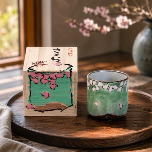 Japanese Tea Cup, Kutani Yunomi Sakura Cherry Blossom — No Handle, Hand-Painted, Gift-Boxed (385ml)