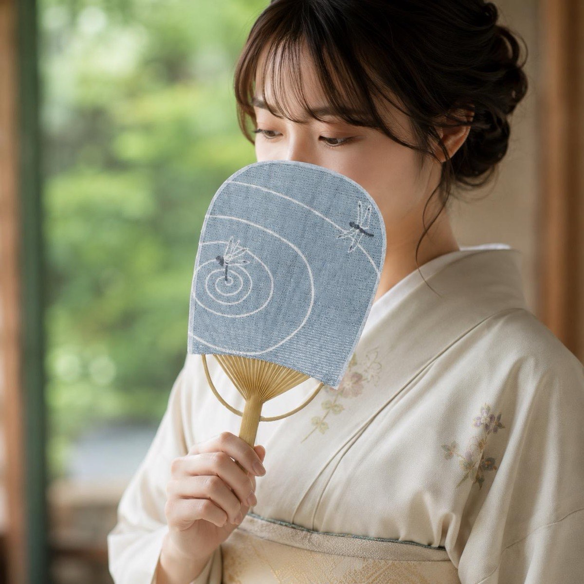 Mini Japanese Uchiwa Fan, Linen Dragonfly Motif, Bamboo Frame, Made in Japan — view 1